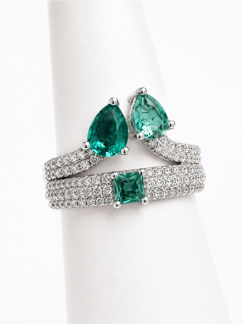 Emerald CZ Triple-Row Statement Ring - Green size 9 only